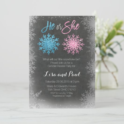Schneeflocketafelgeschlecht decken Einladung auf (Stehend Vorderseite)
