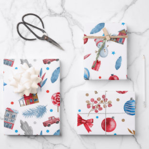 SCHNEEFRAU, FERIENHAUS, CHRISTMAS ORNAMENS, BOWS GESCHENKPAPIER SET