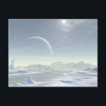 Schneegebiet Postkarte<br><div class="desc">Illustration eines Eismonds der Alien mit einem Ringplaneten,  der am Himmel sichtbar ist.</div>