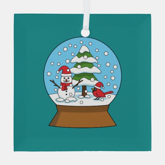 Schneeglobe mit Kardinal Snowman und Pine Tree Ornament Aus Glas (Rückseite)