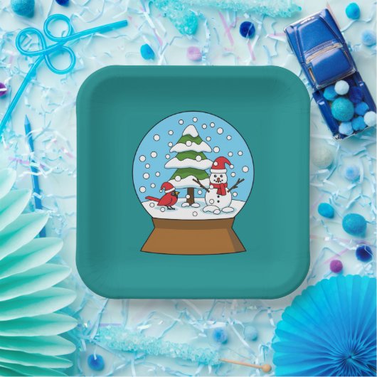 Schneeglobe mit Kardinal Snowman und Pine Tree Pappteller (Party)