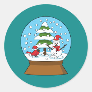 Schneeglobe mit Kardinal Snowman und Pine Tree Runder Aufkleber