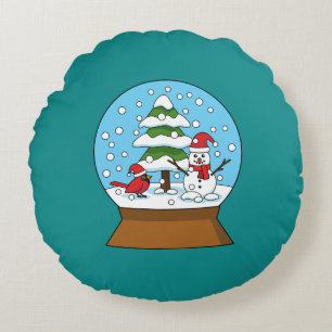 Schneeglobe mit Kardinal Snowman und Pine Tree Rundes Kissen
