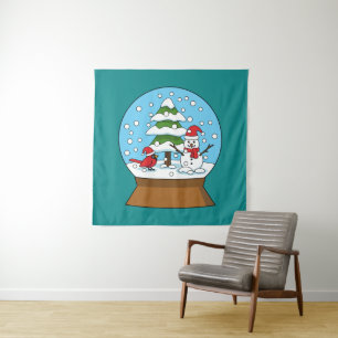 Schneeglobe mit Kardinal Snowman und Pine Tree Wandteppich