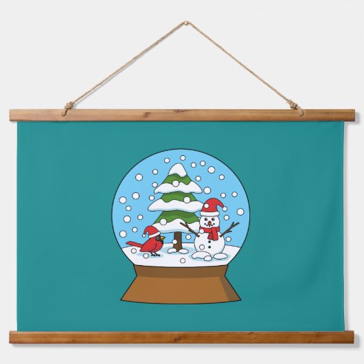 Schneeglobe mit Kardinal Snowman und Pine Tree Wandteppich Mit Holzrahmen (Vorne)