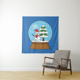 Schneeglobe mit Schneemann und Pine Tree Wandteppich