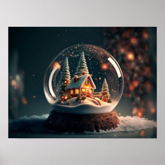 Schneeglobe mit Weihnachtsbaum und Haus drinnen. Poster (Vorne)