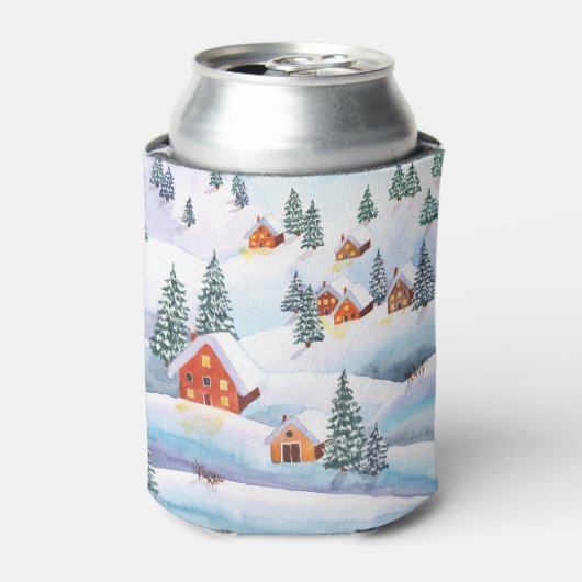 Schneehöhe Hügel, Häuser: Aquarelllandschaft Dosenkühler (Kanne Vorderseite)