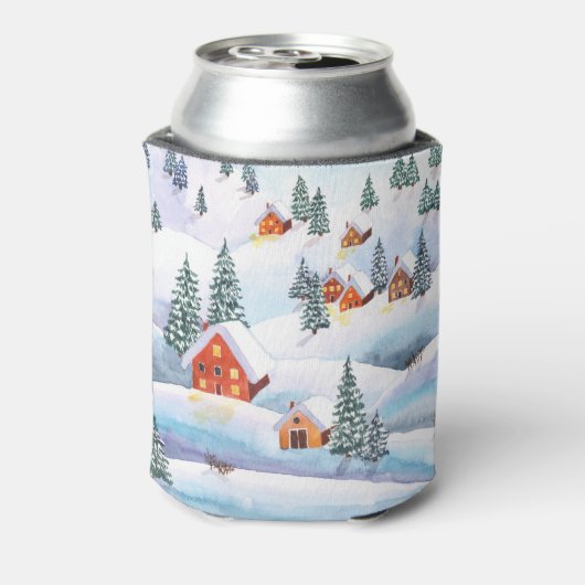 Schneehöhe Hügel, Häuser: Aquarelllandschaft Dosenkühler (Kanne Rückseite)