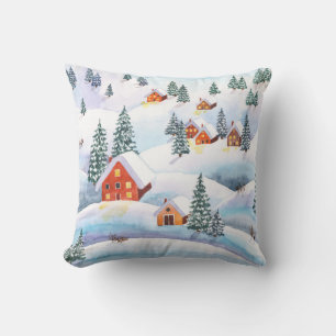 Schneehöhe Hügel, Häuser: Aquarelllandschaft Kissen
