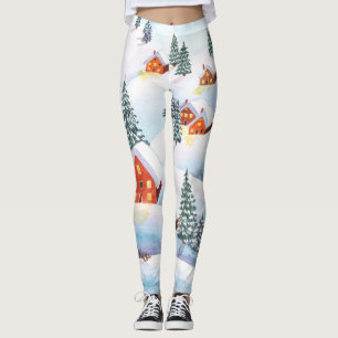 Schneehöhe Hügel, Häuser: Aquarelllandschaft Leggings
