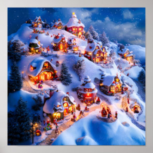 Schneehügel Whimsical Christmas-Dorf Poster