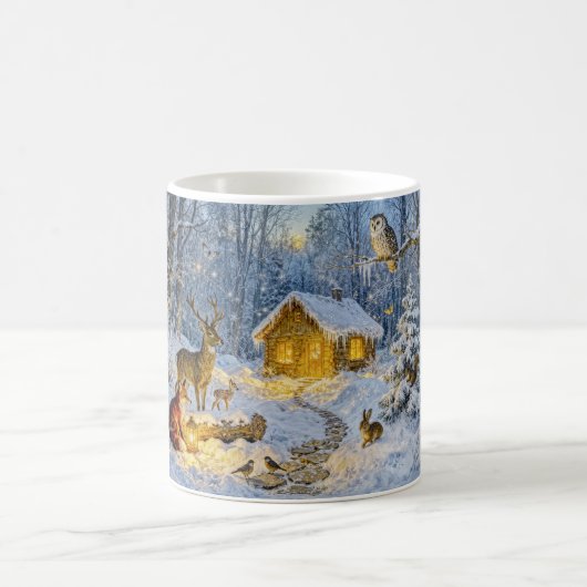Schneehütte mit Eule, Hirsch und Fuchs Kunstwerk Kaffeetasse (Mittel)