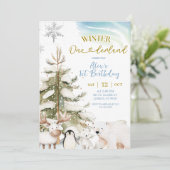 Schneejunge Winter Arktis Tier Erster Geburtstag Einladung (Stehend Vorderseite)