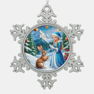 Schneejungfrau in winterlicher Waldszene mit Kanin Schneeflocken Zinn-Ornament