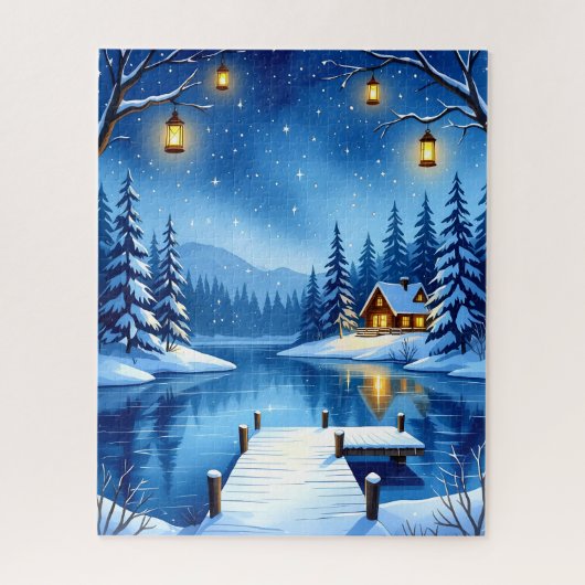 Schneekabine am See mit Lanterns und Starry S Puzzle (Vertikal)