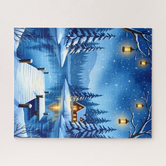 Schneekabine am See mit Lanterns und Starry S Puzzle (Horizontal)