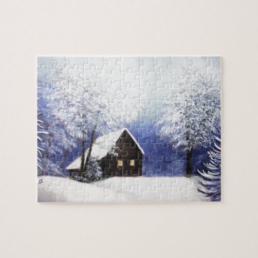 Schneekabinen-Winterlandschaft im Pastell Puzzle (Horizontal)