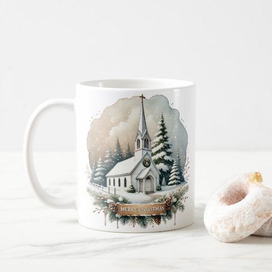 Schneekapelle | Glühende Weihnachtslandschaft Kaffeetasse (Mit Donut)