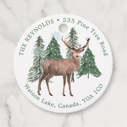 Schneekiefernbäume, Hirschweihnachtsmarken Geschenkanhänger (Vorderseite)
