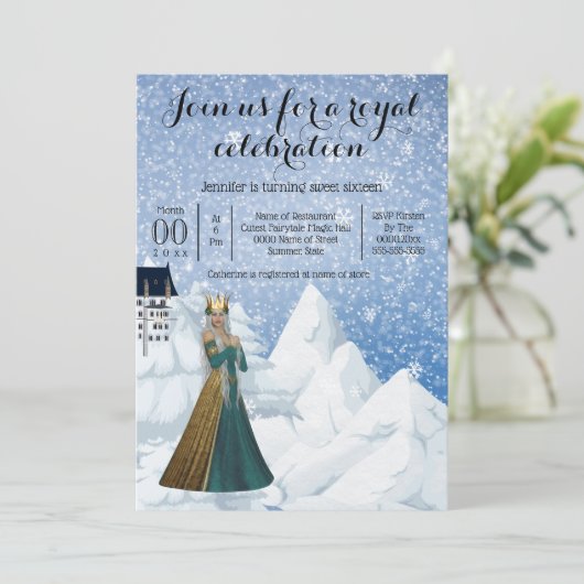 Schneekönig Burg Prinzessin Themenparty blau Einladung (Stehend Vorderseite)