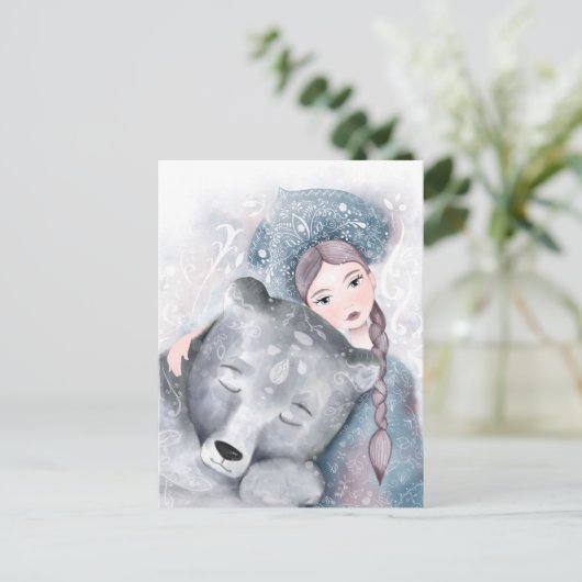 Schneekönigin und Polar-Bär in sanfter Wasserfarbe Postkarte (Stehend Vorderseite)