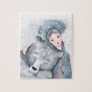 Schneekönigin und Polar-Bär in weichem Aquarellknö Puzzle