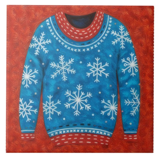 Schneekristall Rot Blau Hässlicher Pullover Lustig Fliese (Vorderseite)