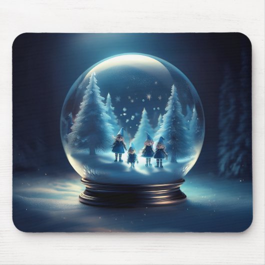 Schneekugel mit 4 kleinen Elfen und Schneeflocken Mousepad (Vorne)
