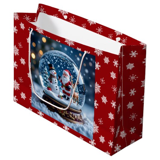 Schneekugel mit Weihnachtsmann und Rentier Große Geschenktüte (Vorderseite Schrägansicht)