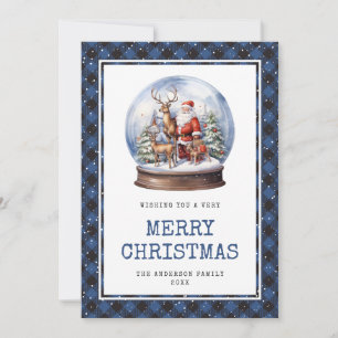 Schneekugel-Santa-Blaukariertes Weihnachtskarte Feiertagskarte