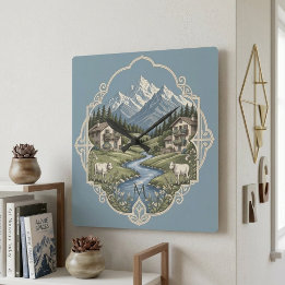 Schneelandschaft Alpen Berg Rustikales Chalet Blau Quadratische Wanduhr