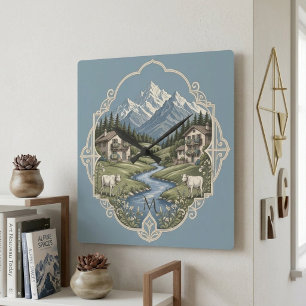Schneelandschaft Alpen Berg Rustikales Chalet Blau Quadratische Wanduhr
