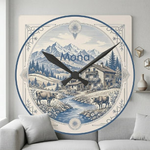 Schneelandschaft Blaue Alpen Rustikales Chalet Runde Wanduhr