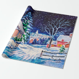 Schneelandschaft im Winter. Landhaus. Weihnachten Geschenkpapier