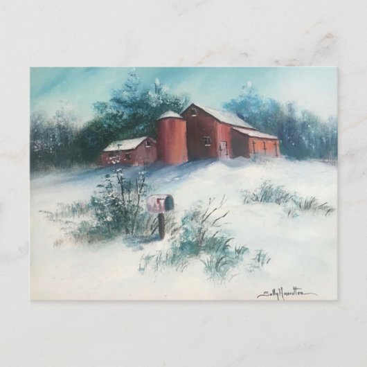 Schneelandschaft Malerei Rustikale Bauernhof Postk Postkarte (Vorderseite)