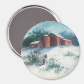 Schneelandschaft Malerei Rustikale Farm mit Scheun Magnet (Vorderseite/Rückseite)