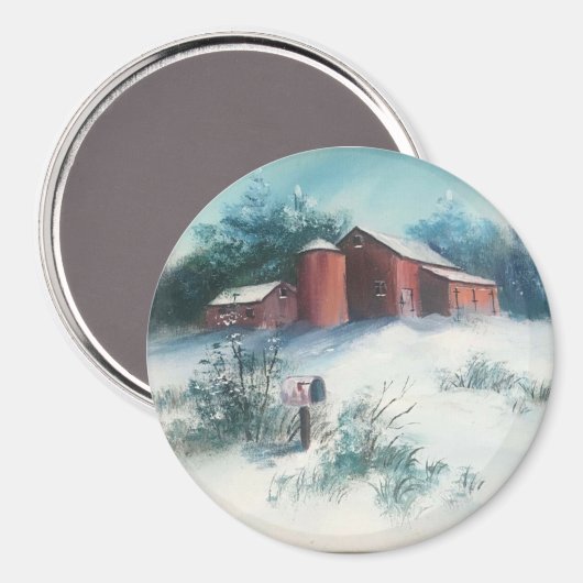 Schneelandschaft Malerei Rustikale Farm mit Scheun Magnet (Vorderseite/Rückseite)
