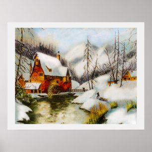 Schneelandschaft mit Wasserrad Poster