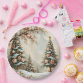 Schneelandschaft mit Weihnachtsbäumen und rosa Ros Pappteller (Party)