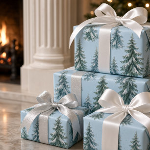 Schneelandschaft Wasserfarben Winterkiefer Hellbla Geschenkpapier