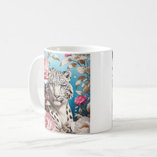 Schneeleopard atemberaubend Blick Rosa Blume Kaffeetasse (Vorderseite Links)