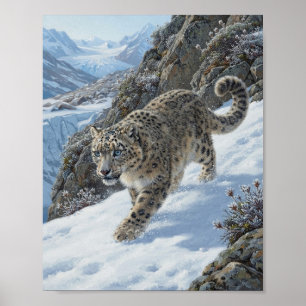 Schneeleopard, der einen schneebedeckten Berghang Poster