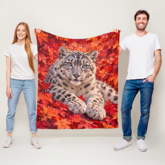 Schneeleopard im Herbstlaub – Wildlife-Kunst Fleecedecke