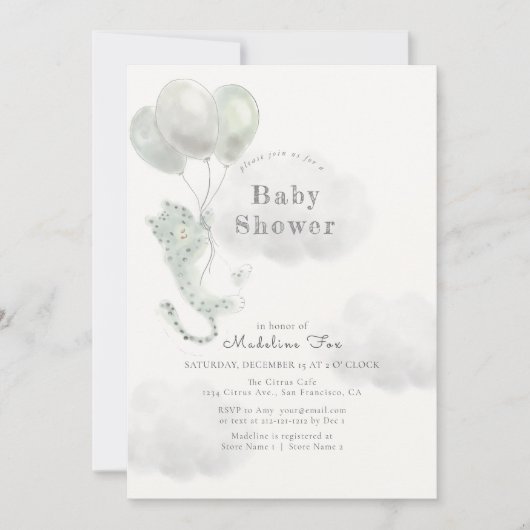 Schneeleopard mit Balloons Gray Baby Dusche Einladung (Vorderseite)