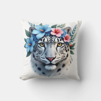Schneeleopard mit blauem und rosa floralem Kronenw Kissen