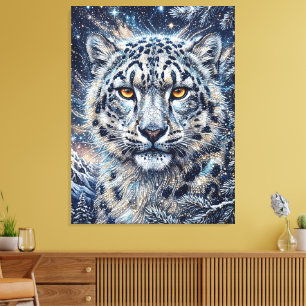 Schneeleopard mit goldenen Augen und Eiskristallen Leinwanddruck
