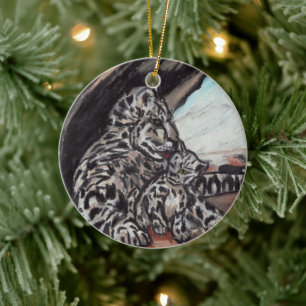 SCHNEELEOPARD MUTTER UND CUB Zierde Keramik Ornament