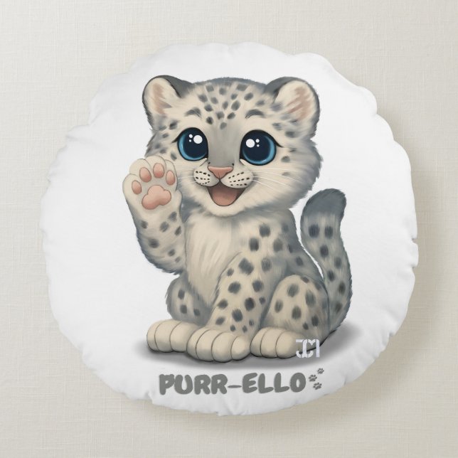 Schneeleopard - Purr-ello Rundes Kissen (Vorderseite)