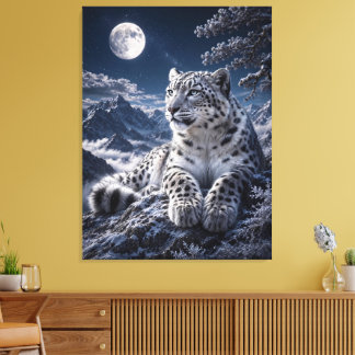 Schneeleopard unter dem Vollmond – Blaue schneebed Leinwanddruck